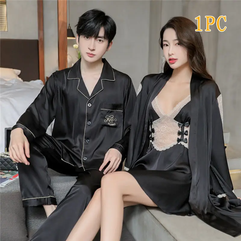 Men Women High Quality Satin Couple Pajamas Gown Set Sexy Hollowout Lace  Spaghetti Straps V-Neck Long Sleeves Pants Loungewear