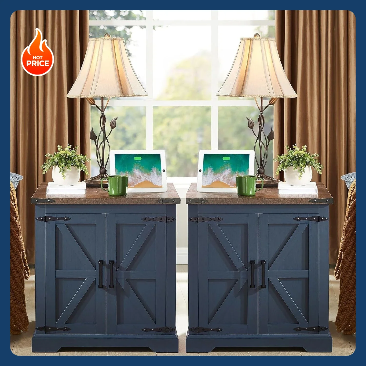 

Бестселлер [Новинка!] Приставной столик в стиле фермерского дома с зарядной станцией, большой приставной столик 24 дюйма с дверцей в стиле амбарной двери, квадратный прикроватный столик из рустикального дерева