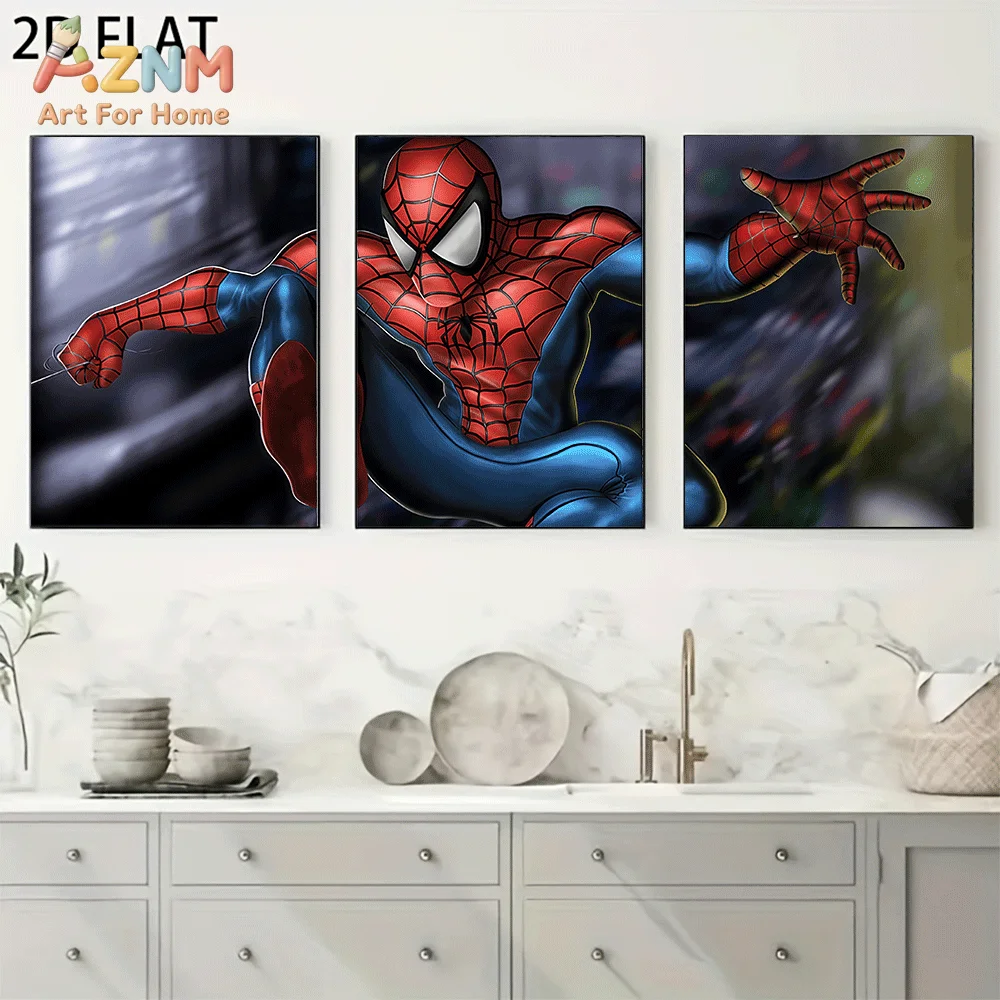 AZNM Classic Comic Spider-Man Canvas Wall Art Frameless Poster Dynamic Motion Blur Superhero Swing Action Print Boys Bedroom Dec