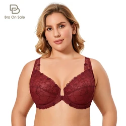 Women's Plus Size Front Closure Bra Sheer Floral Lace Full Coverage Underwire Unlined Wide Shoulder Straps