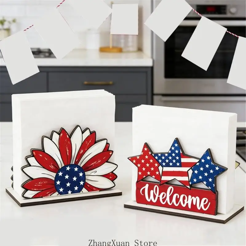 Packung mit 4 patriotischen Taschentuchbox-Haltern aus Holz mit Designs zum Unabhängigkeitstag für Büros und Heimdekoration 3XUF – Detail 7