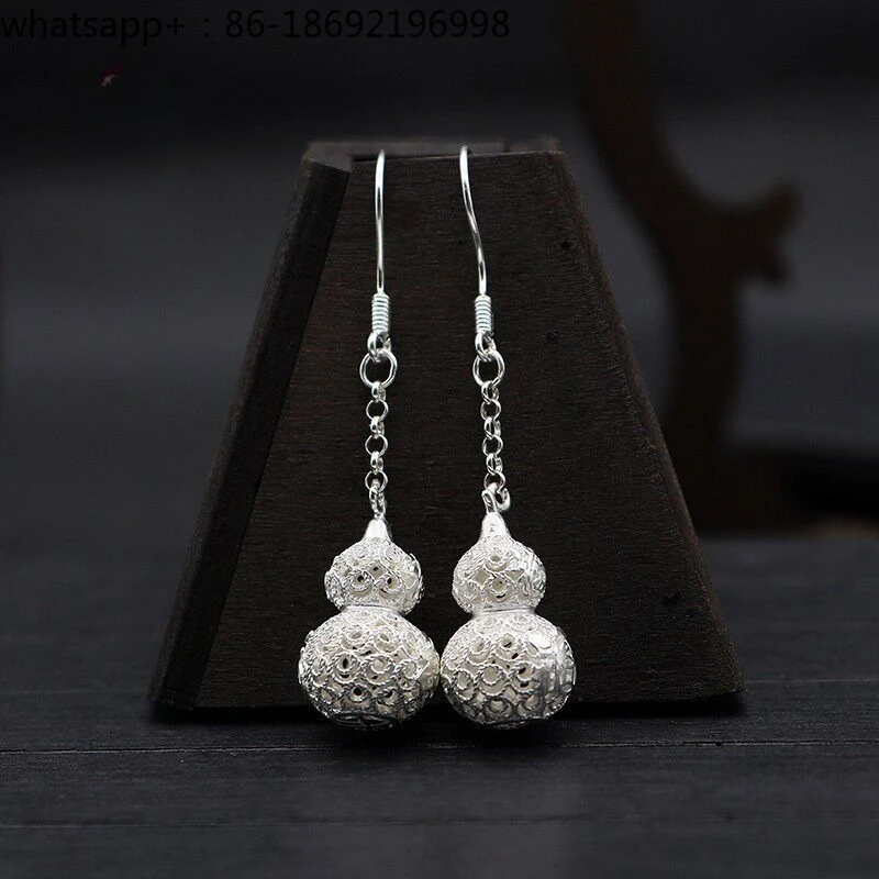 999 Sterling Silver Fulu Earrings, Gourd Earrings, Antique Earrings, Intangible Cultural Heritage Filigree Silver Jewelry.