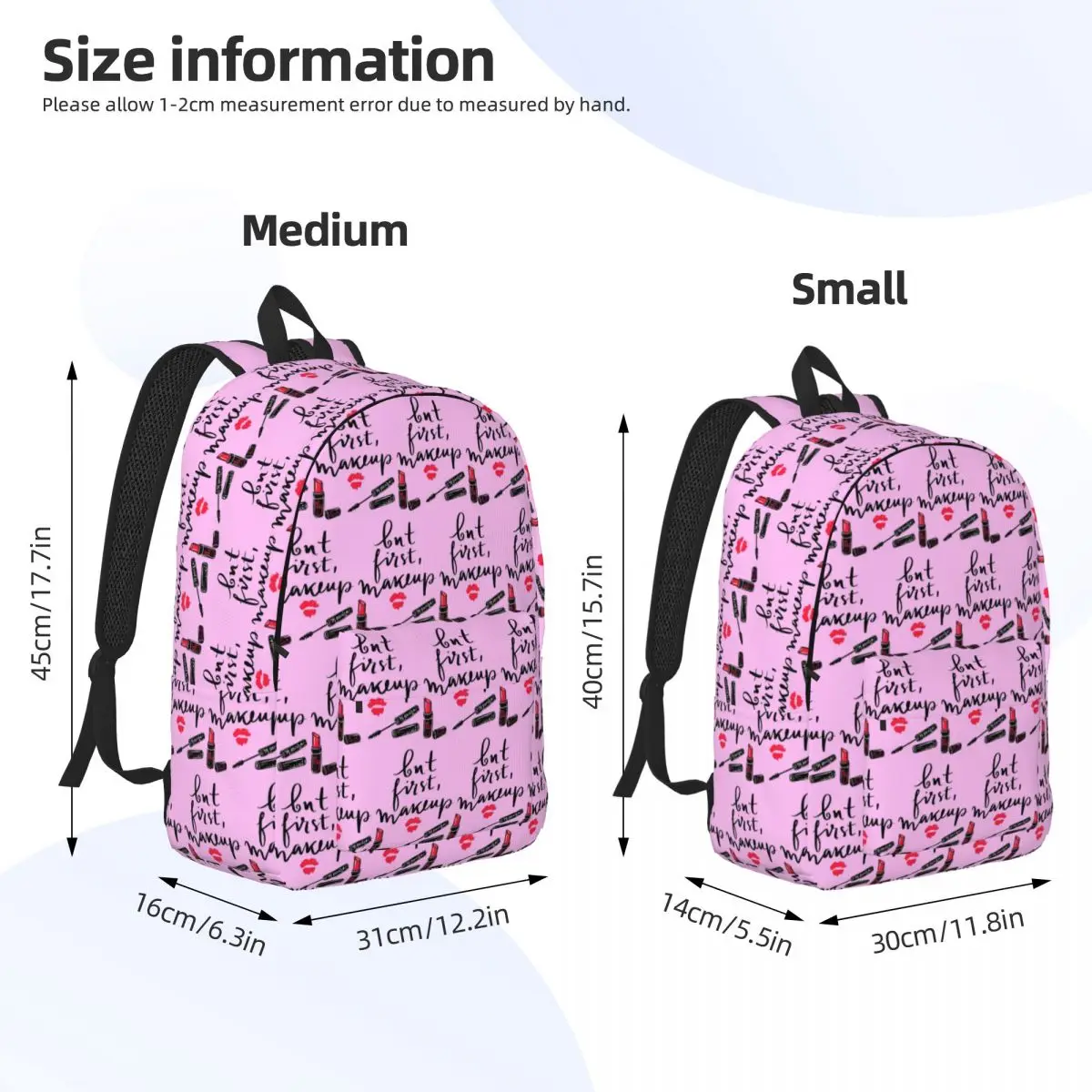Cosmetics Makeup Tools But First Makeup Print Backpack Daypack Large Capacity BookBag School Bag Shoulder Bags for Boys Girls