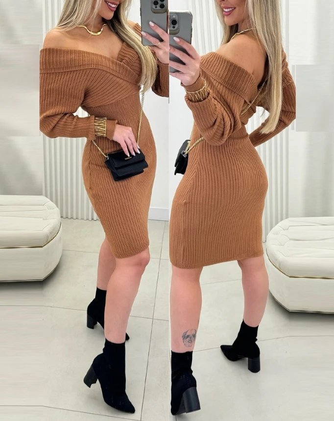 Fashionable Autumn Dress Off Shoulder Slim Fit Knit Long Sleeve Sweater Dress Elegant Dresses for Women Shipped Within 48 Hours