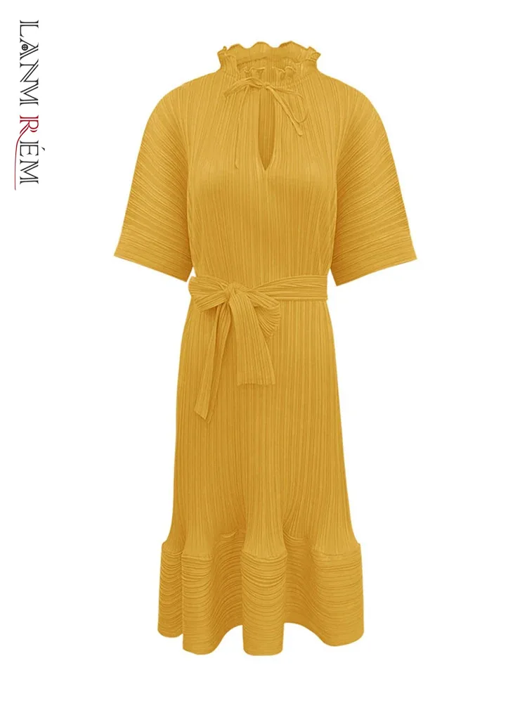 

Платье LANMREM женское Плиссированное, Модный Однотонный сарафан средней длины со стоячим воротником и короткими рукавами, с поясом и присборенной талией, 32C840, на лето