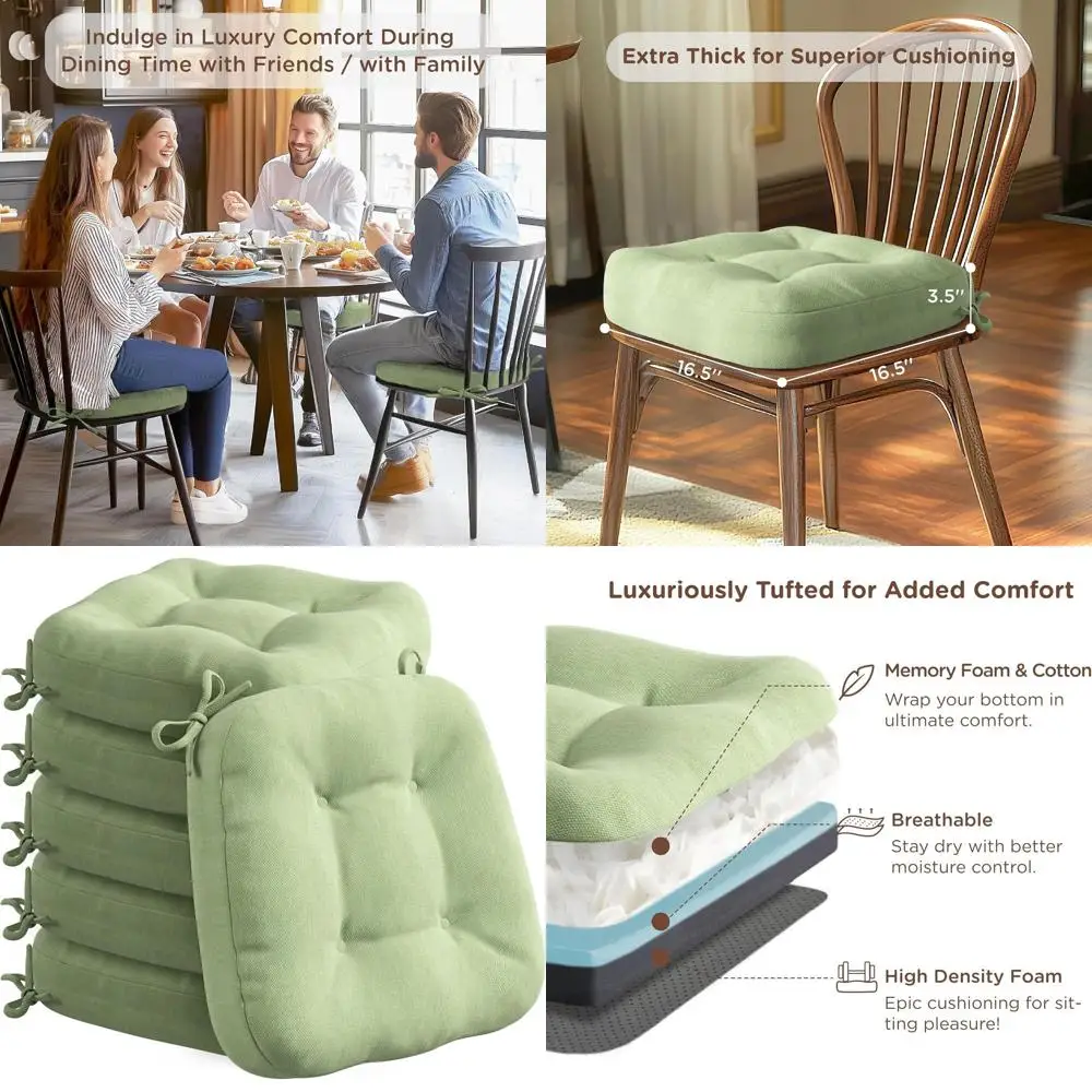 

Set of 6 Thick, Washable, Non-Slip Memory Foam Chair Cushions for Indoor Kitchen or Dining Room, 16.5x16.5x3.5, Sage Green