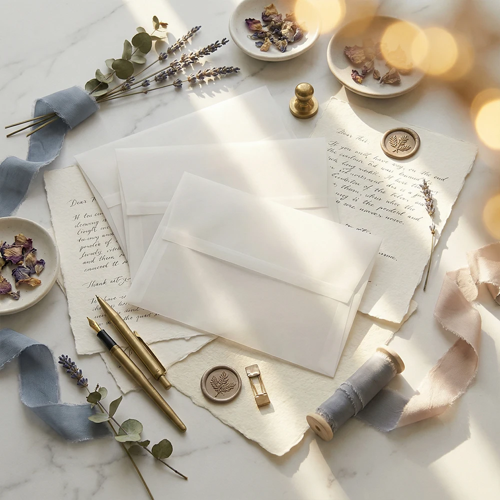 25PC Pre-Folded Vellum Jackets,5x7 Transparent Vellum Envelope Liners,Adhesive Wax Seal Craft Accessories for Wedding Invitation - view 4