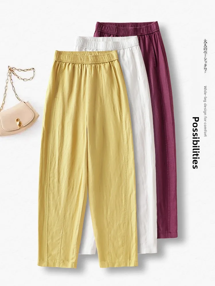 

Женские летние тонкие брюки-карго из льняной ткани с высокой талией, свободного кроя, в корейском стиле, повседневные, эластичные, для работы и отдыха