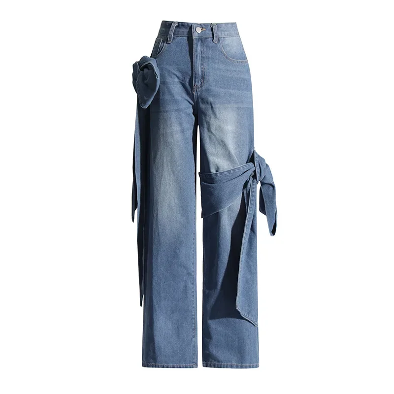 Women Street Fashion High Waist Zipper Fly Wide Leg Straight String Jeans Trousers 2024 Summer Chic Denim Pants