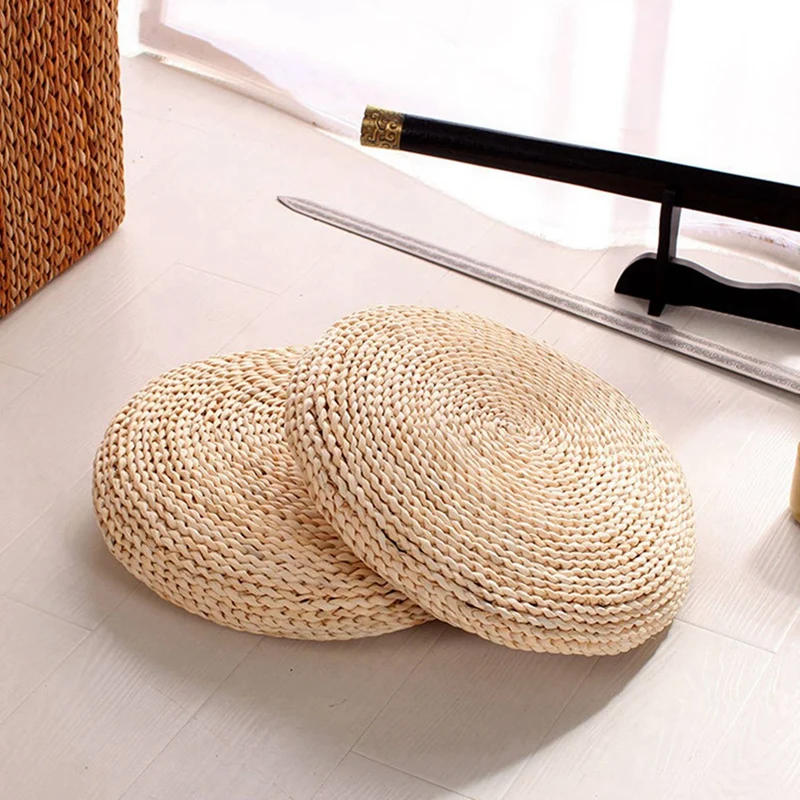 3X Round Natural Pouf Hand-Made Weaving Cushion Fill The Silk Floss Pillow Soft Yoga Chair Seat Mat Tatami Window Pad(B)