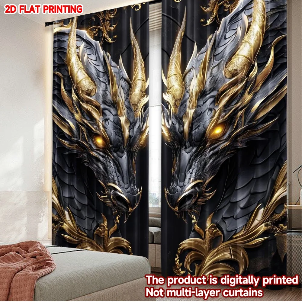 2D-Flachdruck, 2 Stück, Vorhänge für Fensterdekoration, goldene Twin Dragons, digital bedruckte Polyester-Vorhänge, Familienparty