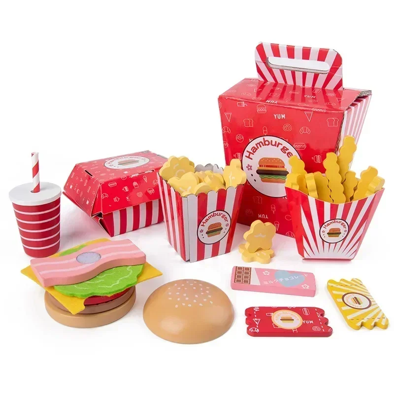 Kids Wooden Kitchen Cooking game Pretend Play toy Simulation  Hamburger French fries Coke Fast Food Sets birthday gift