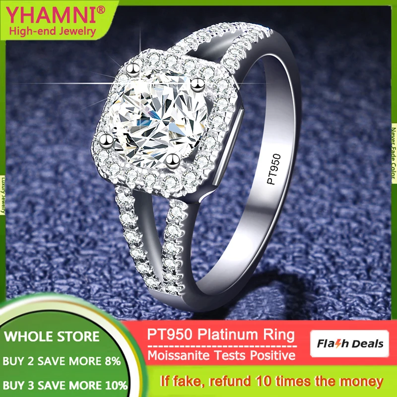 YHAMNI 100% PT950 Platinum Rings 1ct Round D Color VVS1 Moissanite Diamond Eternal Rings Wedding Accessories for Women