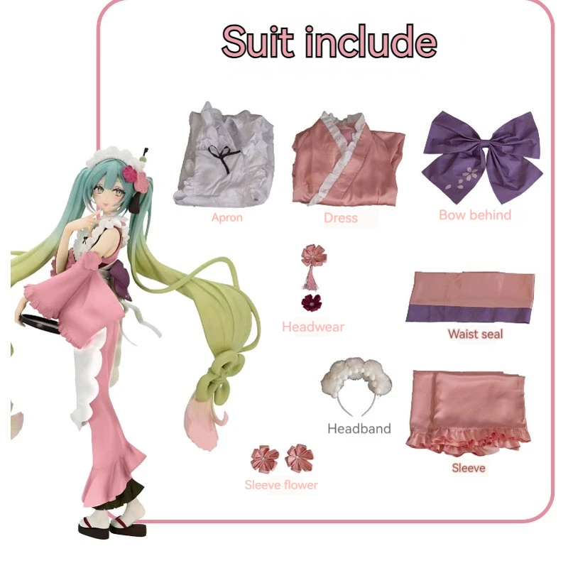 Matcha Sakura Pink Cos Dress Hatsune Miku Anime Role-Playing Long Sleeve Dress Wig Kimono Apron Girls Festival Gift Party Modeli