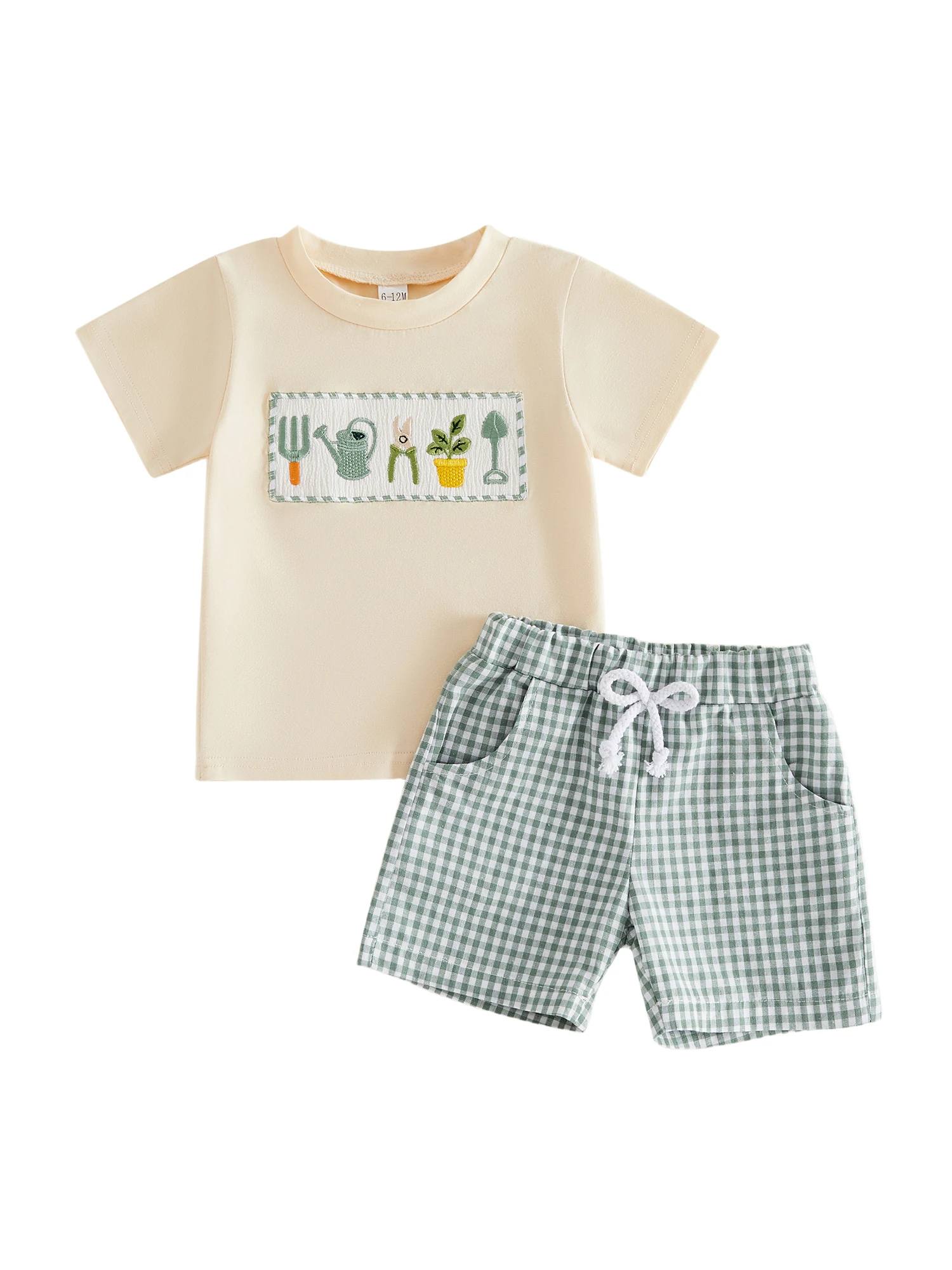 

Adorable Infant Boys Stylish Short Sleeve Gardening Tool Embroidered Shirt and Striped Shorts 2-Piece Summer Ensemble