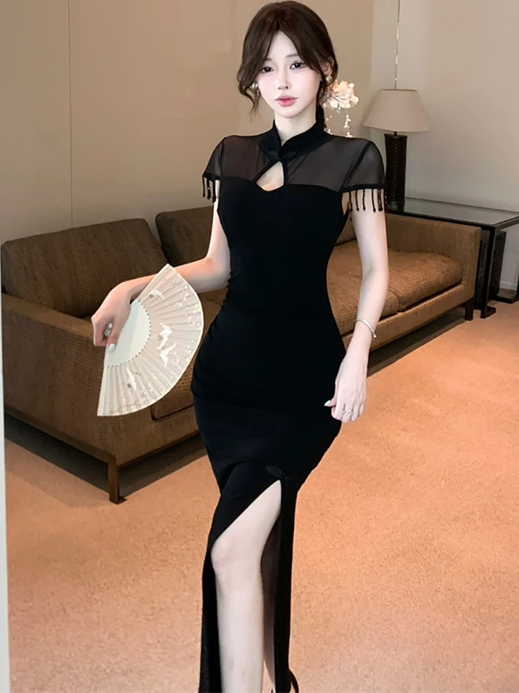 Schwarzes Patchwork-Mesh-transparentes sexy langes Kleid für Frauen 2025, koreanisches Vintage-Luxus-Abschlussballkleid, Sommer, elegantes, figurbetontes Abendkleid