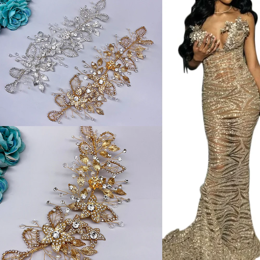DZ218 3D Silver Flowers Rhinestone Appliques Crystal Patches for Wedding Dress Handmade Rhinestones Leaves Bridal Headdress