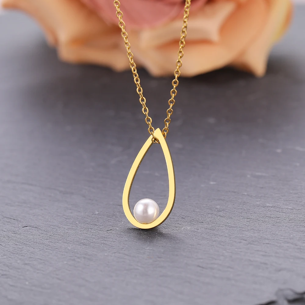 Stainless Steel Necklaces Simple Water Drop Imitation Pearl Pendants Chain Choker Fashion Necklace For Women Jewelry Party Gifts