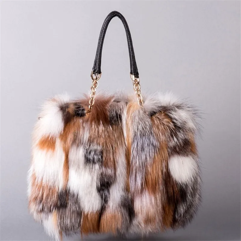 Women Winter Real Fox Fur Handbag Luxury Genuine Fur Party Bag Tote High Quality  Designer Evening Bag Fur Leather Female