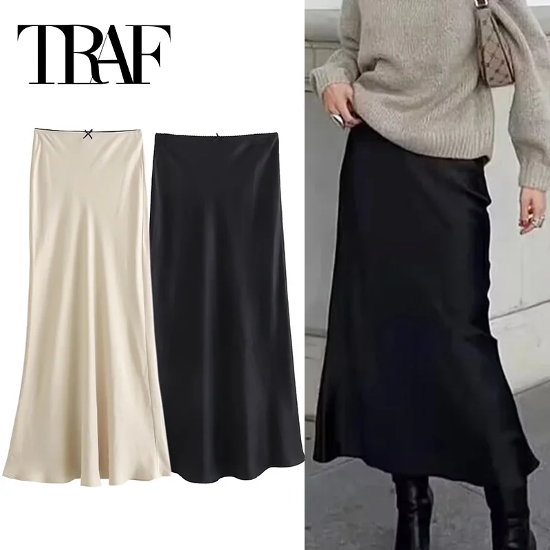 TRAF Black Satin Skirt Woman Bow Elegant Long Skirts For Women 2024 Summer High Waist Midi Skirt Fashion New In Women's Skirts