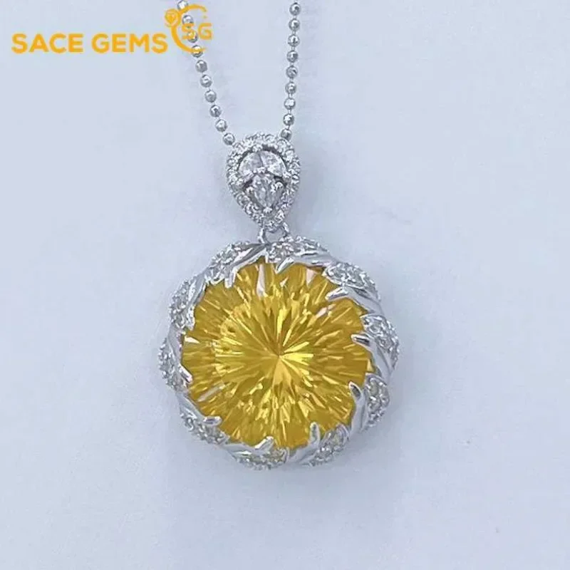 

SACE GEMS Luxury 925 Sterling Silver Certified 15MM Natual Citrine Pendant Necklace for Women Cocktail Party Fine Jewelry Gift