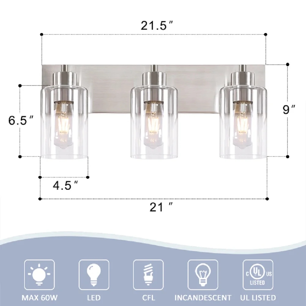 Lampu Dinding Hotel rumah 3 lampu kamar mandi lampu Vanity perlengkapan lampu atas cermin dengan kaca bening lampu dekorasi dinding 3 E26