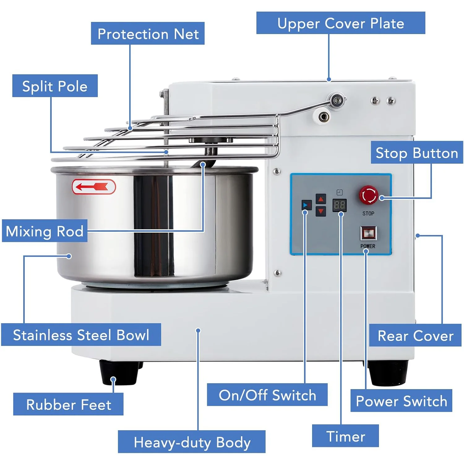 10.5 Qt Commercial Food Mixer 650W Dual Rotating Dough Kneading Machine Touch Screen Timer Stainless Steel For Bakery