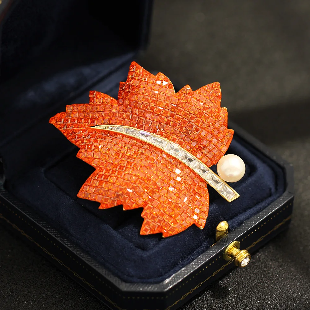 High-End Light Luxury Red Maple Leaf Crystal Brooch Exaggerated Pearl Stone Leaf Pin for Women