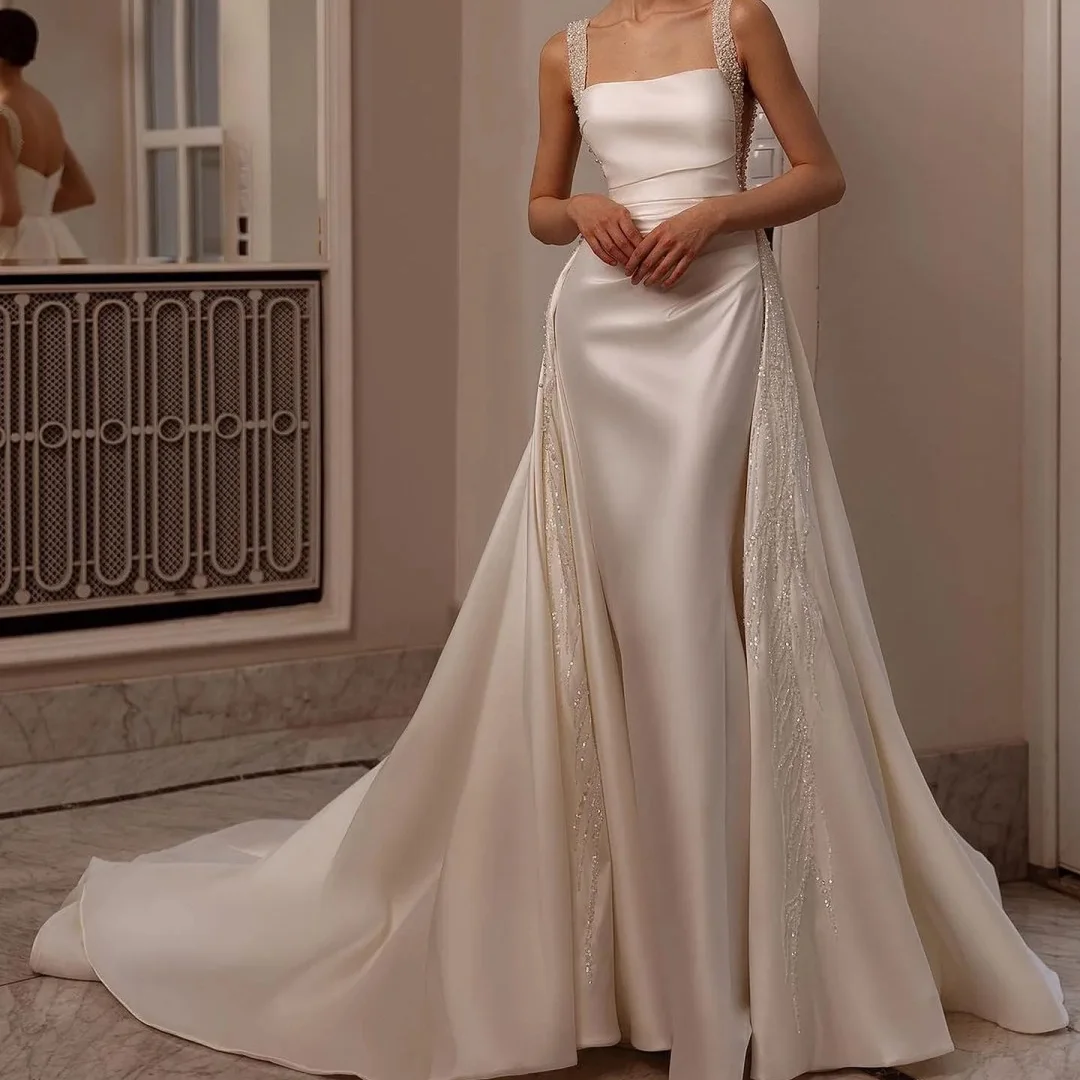 

Mermaid Dresses Glamorous Overskirts Pearls Beads Straps Satin Wedding Dress Sweep Train Bridal Gown Customized