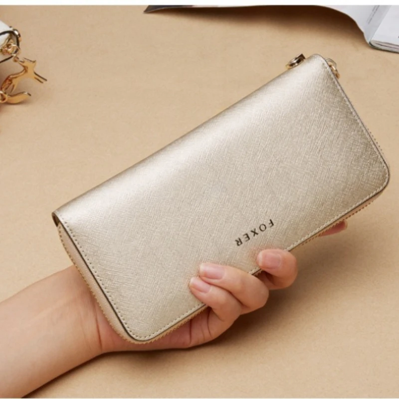 

Women's Long Zipper Wallet, Genuine Split Leather Multi-Card Case Clutch, Light Luxury Card Holder with Wrist Strap & Coin Purse
