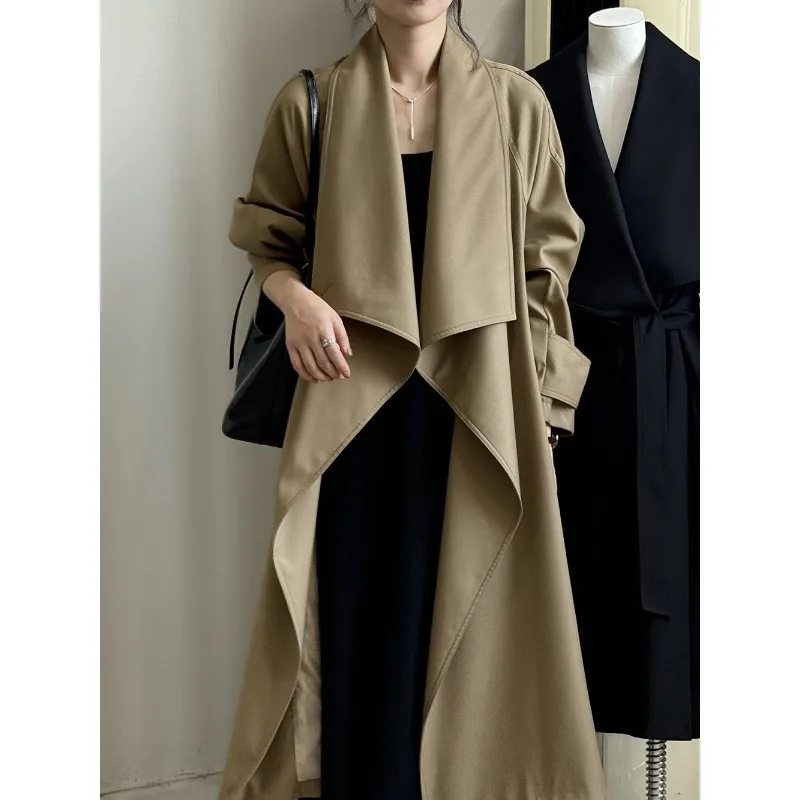 

SuperAen Long Asymmetrical Turn-down Collar Trench Coat for Women Autumn New Loose Korean Style Oversize Coats
