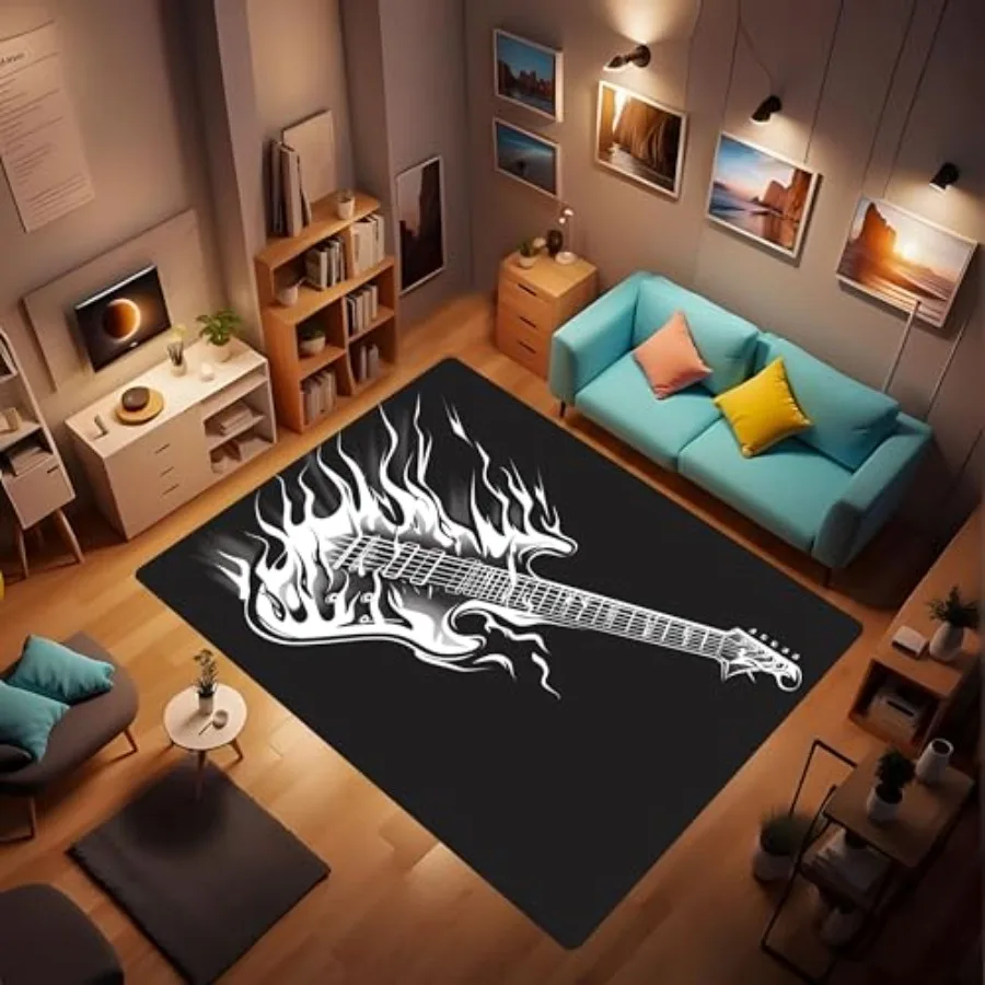 Flame-alfombra de música fresca para guitarra eléctrica, alfombra antideslizante lavable negra para guitarra blanca, alfombra para sala de juegos de estudio de música, adolescentes y niños