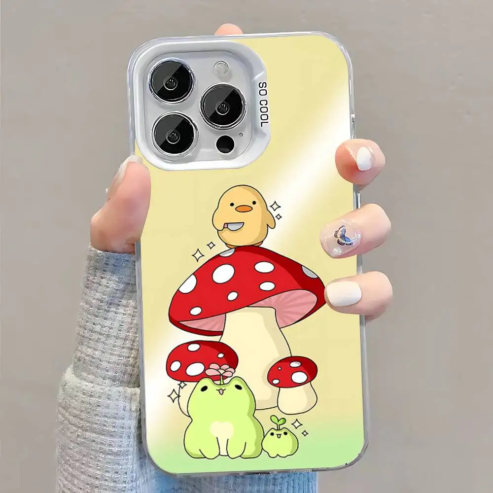 Mint Green The Frog Mushroom Phone Case For iPhone 16,15,14,13,12,11,Pro,XS,Max,Plus,Mini,SE White Candy Matte Shockproof Cover