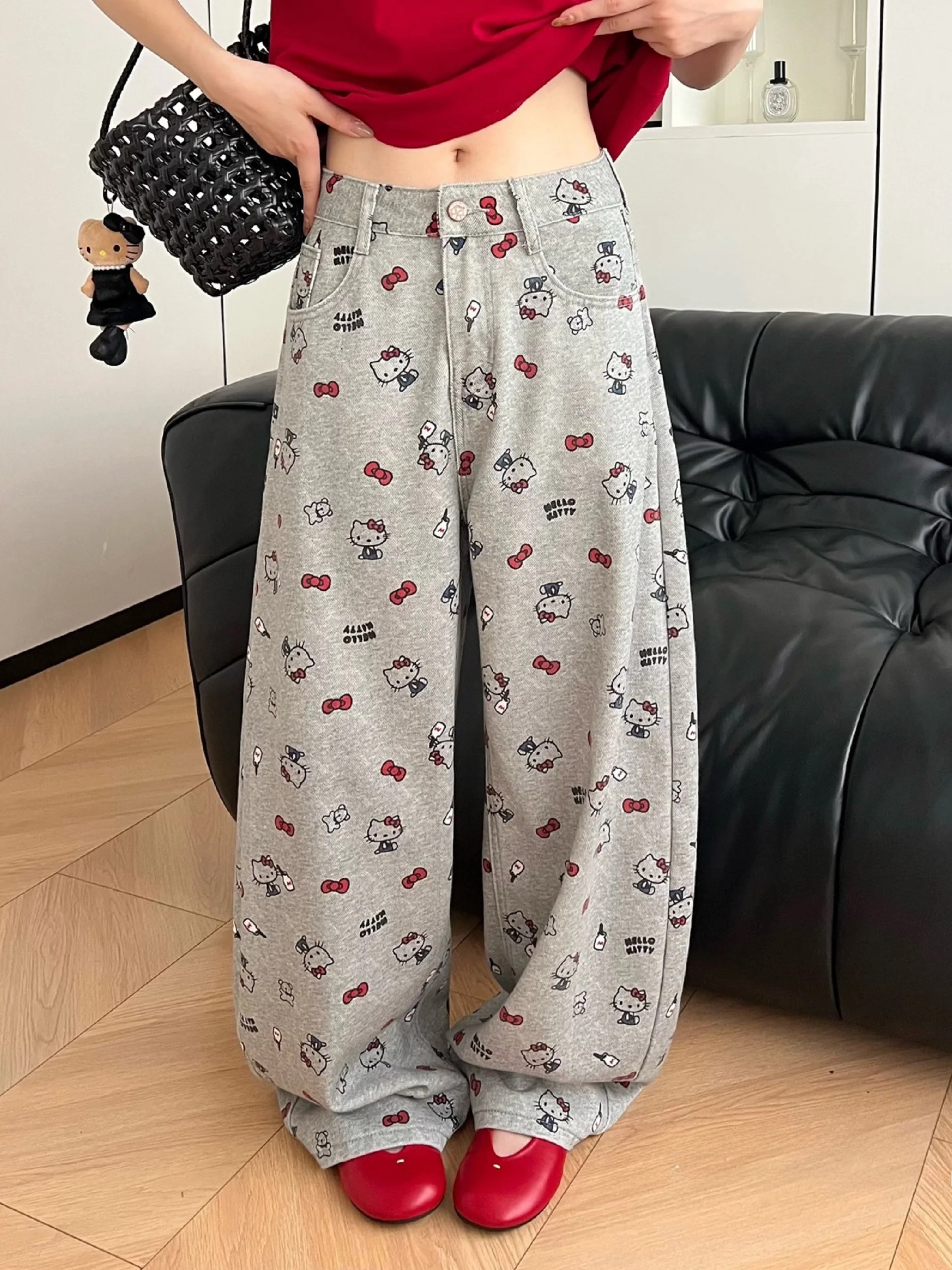 

Женские джинсы с мультяшным принтом, широкие брюки с высокой талией, весенне-летние, свободные, стройнящие, модные, длинные, из денима