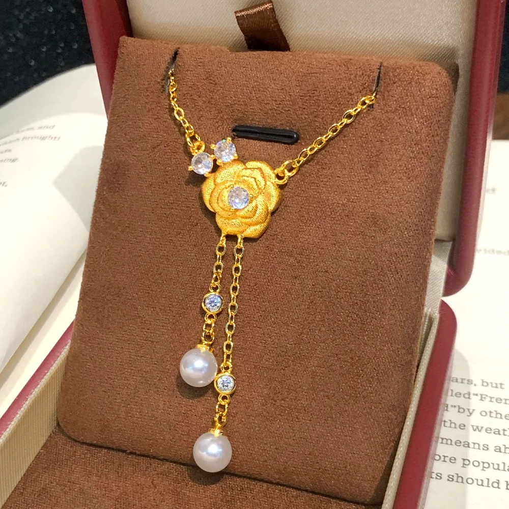Brushed diamond camellia pearl tassel necklace temperament all match choker 9999gold