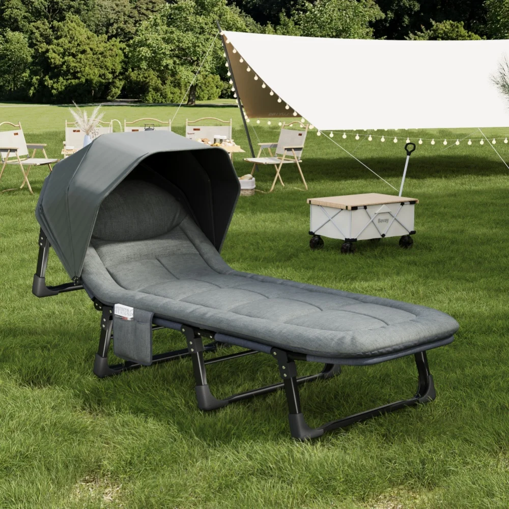 New design outdoor portable lightweight foldable adjustable camping bed with awning for recreational camping hiking lunch break