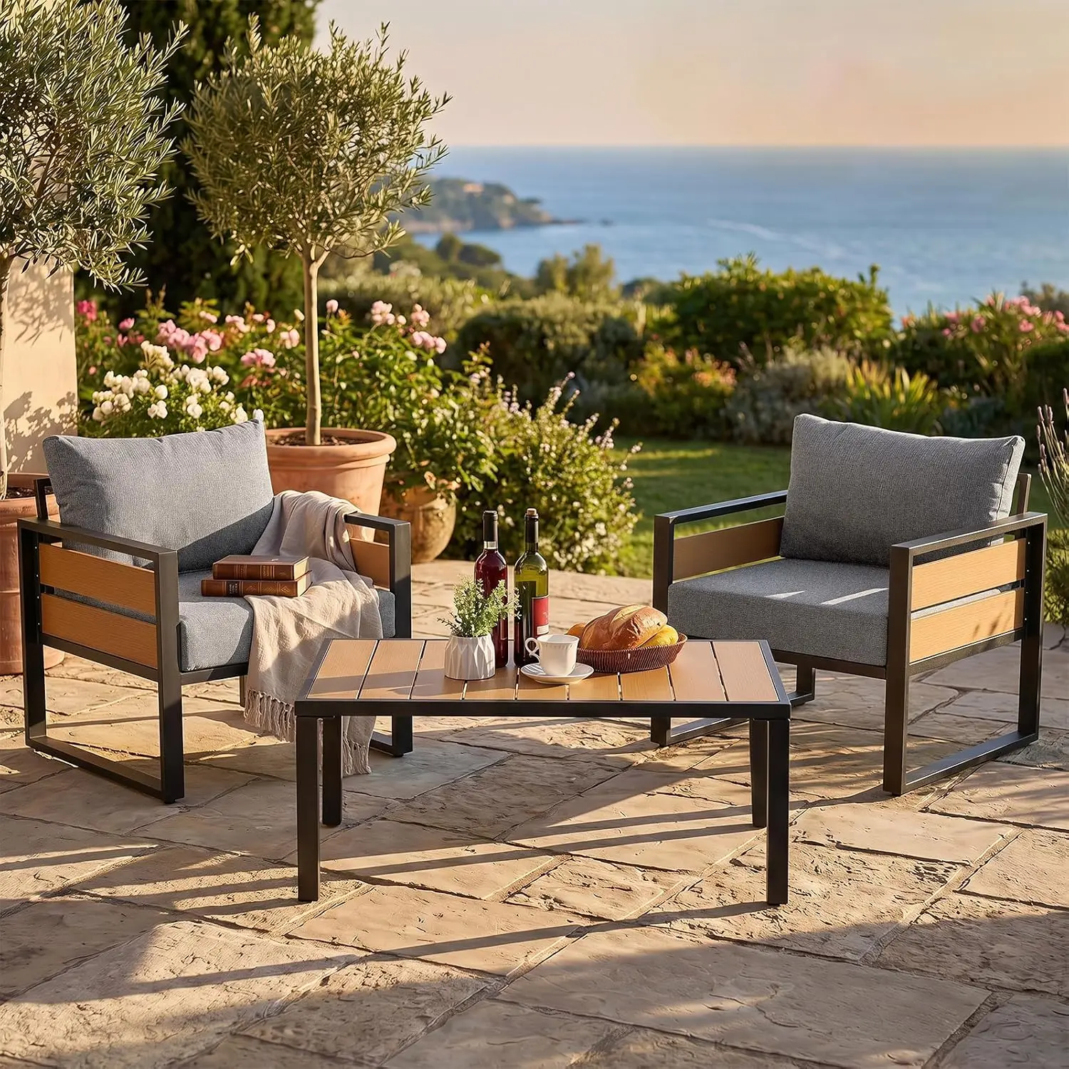 Metal Outdoor Sectional Sofa Set 2-Seat Deep Seating Thick Cushions Coffee Table Backyard Porch Deck Gray, Customized