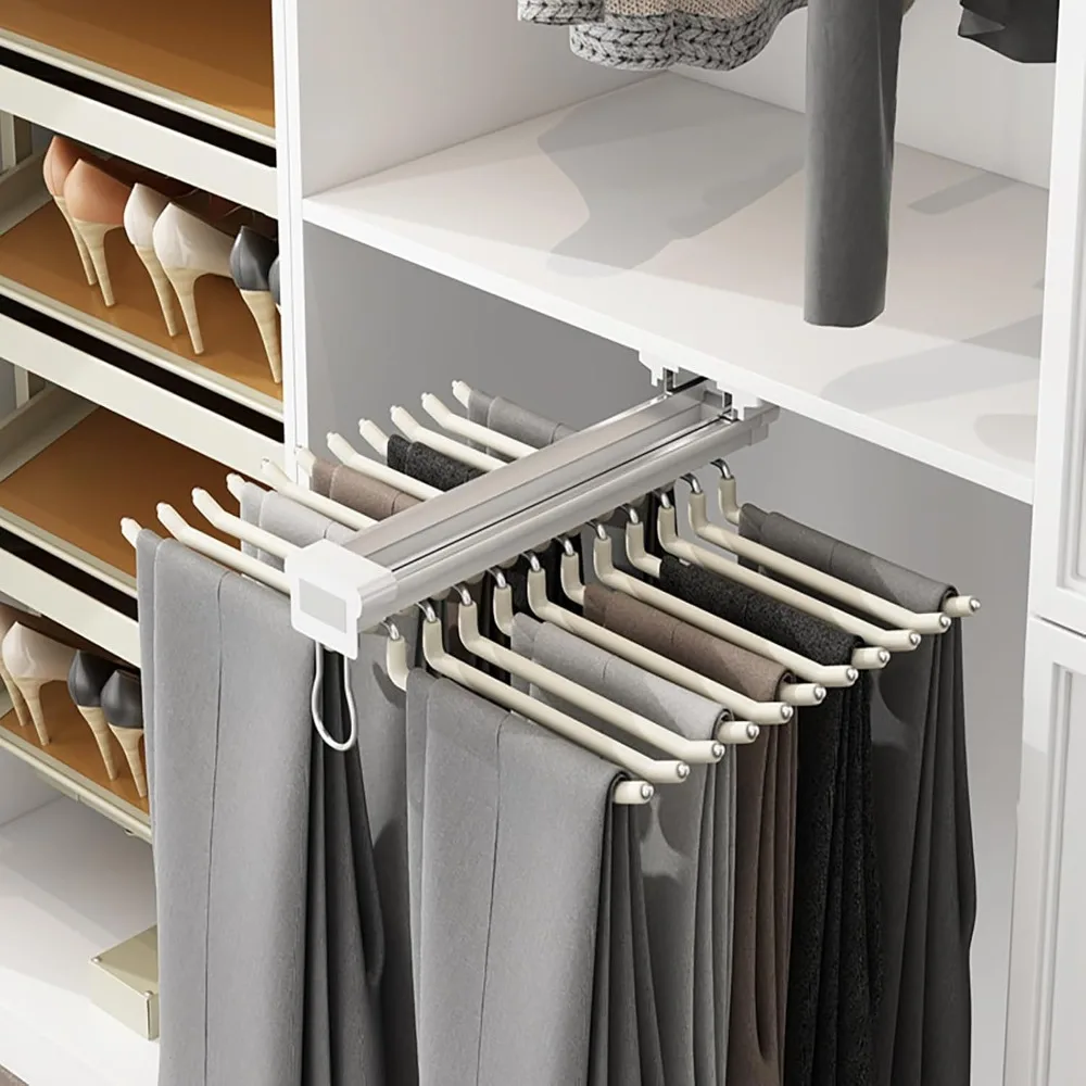 

Pull Out Pants Rack Closet Organizer Tie Scarf Belt Holder, 22 Arms Steel Trousers Rack Retractable
