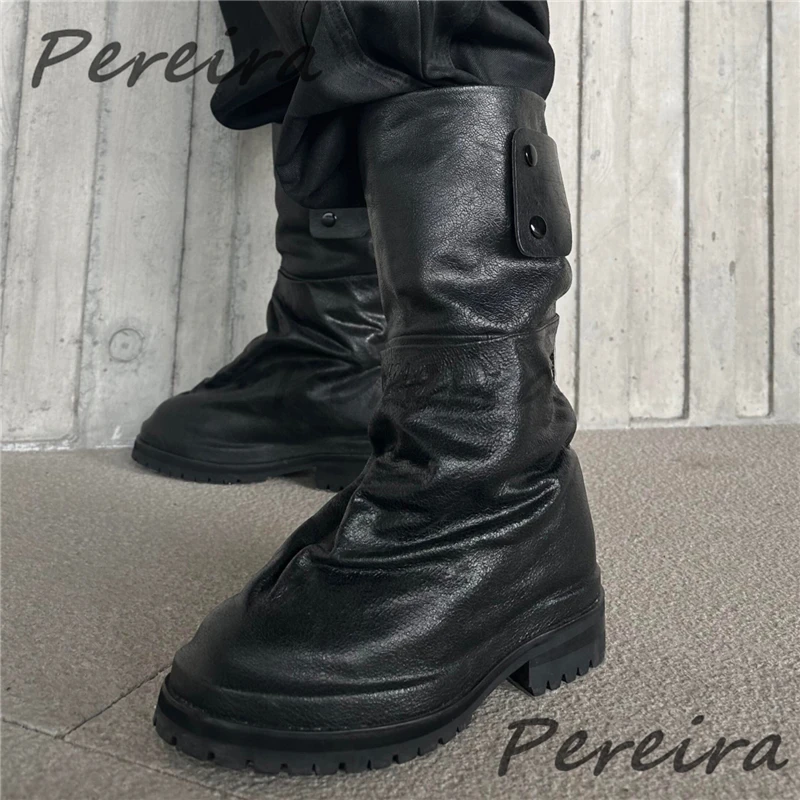 

Retro Pleated Leather Knight Boots for Men Round Toe Thick Soled Back Zipper Mid-Calf Boots Spring Autumn Outdoor Men's Shoes