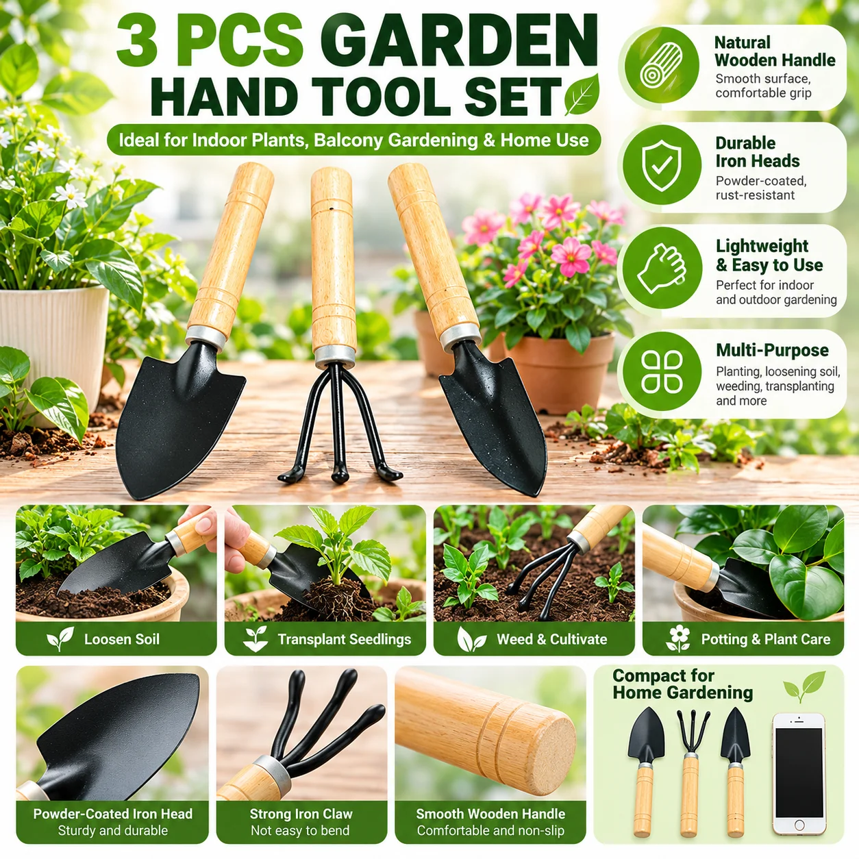 Three-Piece Set of Flower Planting Tools, Home Gardening Set for Growing Vegetables and Flowers, Soil Loosening Kit, Flower Pot and Gardening Tools Set of 3 Pieces