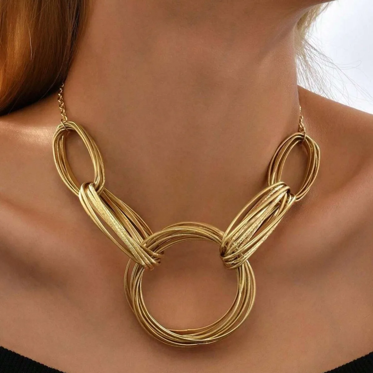 

Gold exaggerated Gothic multi-layer line circle spliced necklace, vacation neck accessory