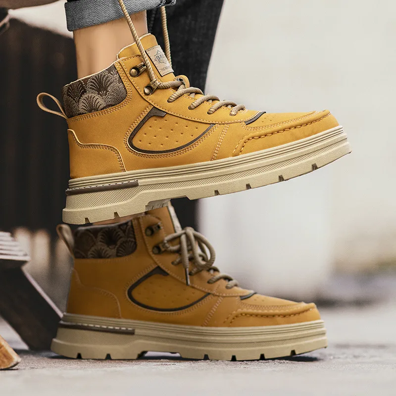 2025 New Tooling Boots For Men Classic Yellow Ankle Boots Man Casual Boots Comfort Lace-up Platform Boots Men botas para hombre image 3