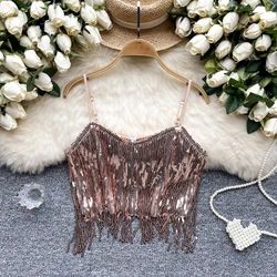 Sexy vintage new Tassels sequin top Set with Chic Crop Tops Women Fashion summer sweet Sling Top