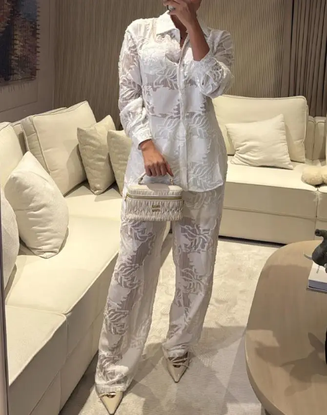 

2 Pieces Outfit Women New Jacquard Floral Turn-Down Collar Button Front Pocket Decor Top & Casual Elastic Back Waist Pants Set