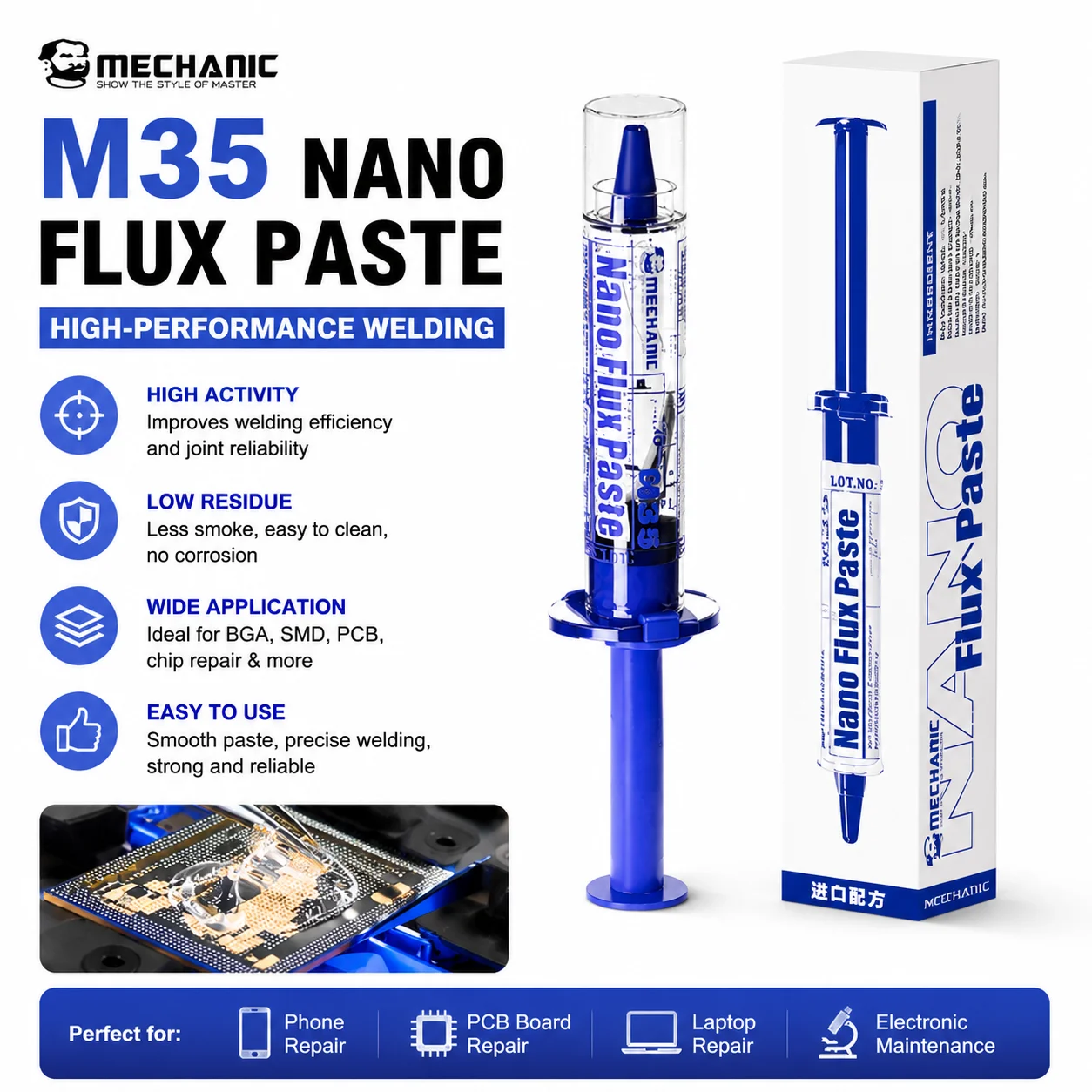 Image of MECHANIC M35 Nano-Flusspaste Bleifreies Hochleistungs-Lötfüllmittel für die Reparatur von Mobiltelefon-IC-Chips, BGA und Motherboards