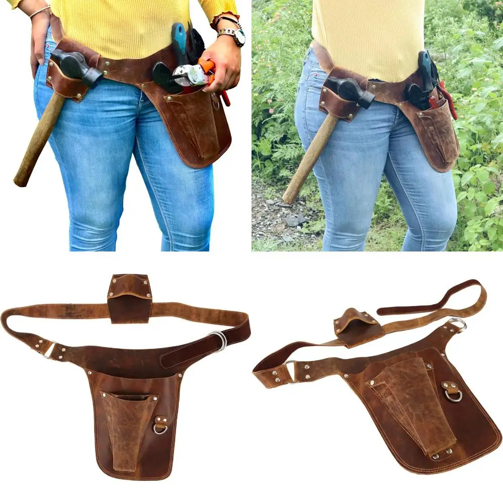 

Premium Genuine Leather Tool Belt with Waist Pouch for Tradesmen - Ideal for Electricians, Carpenters & Gardeners