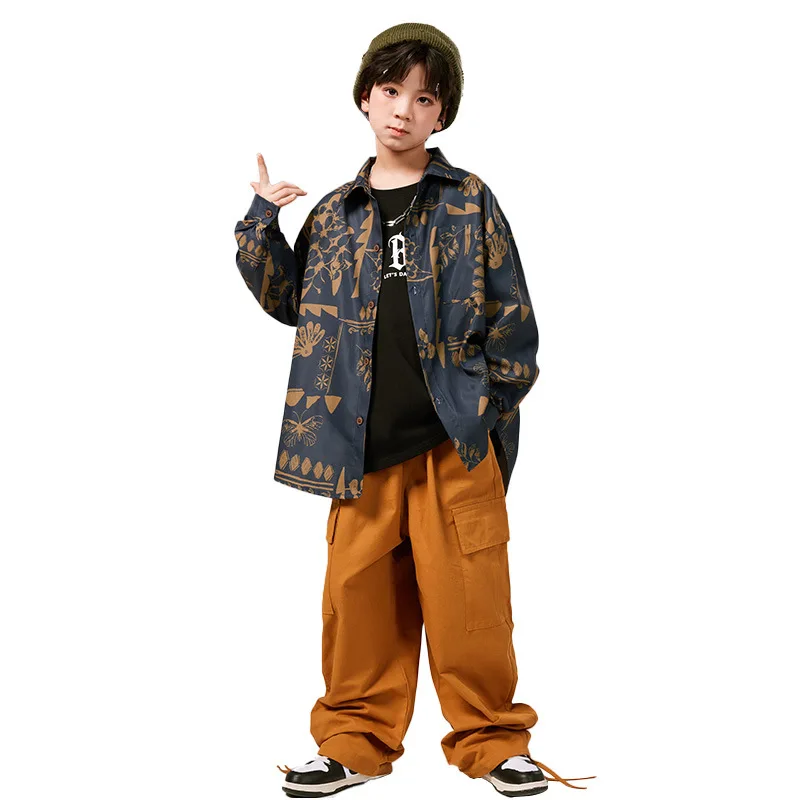 

Kid Cool Hip Hop Clothing Navy Blue Print Shirt Top Ginger Casual Wide Strap Cargo Pants for Girl Boy Jazz Dance Costume Clothes