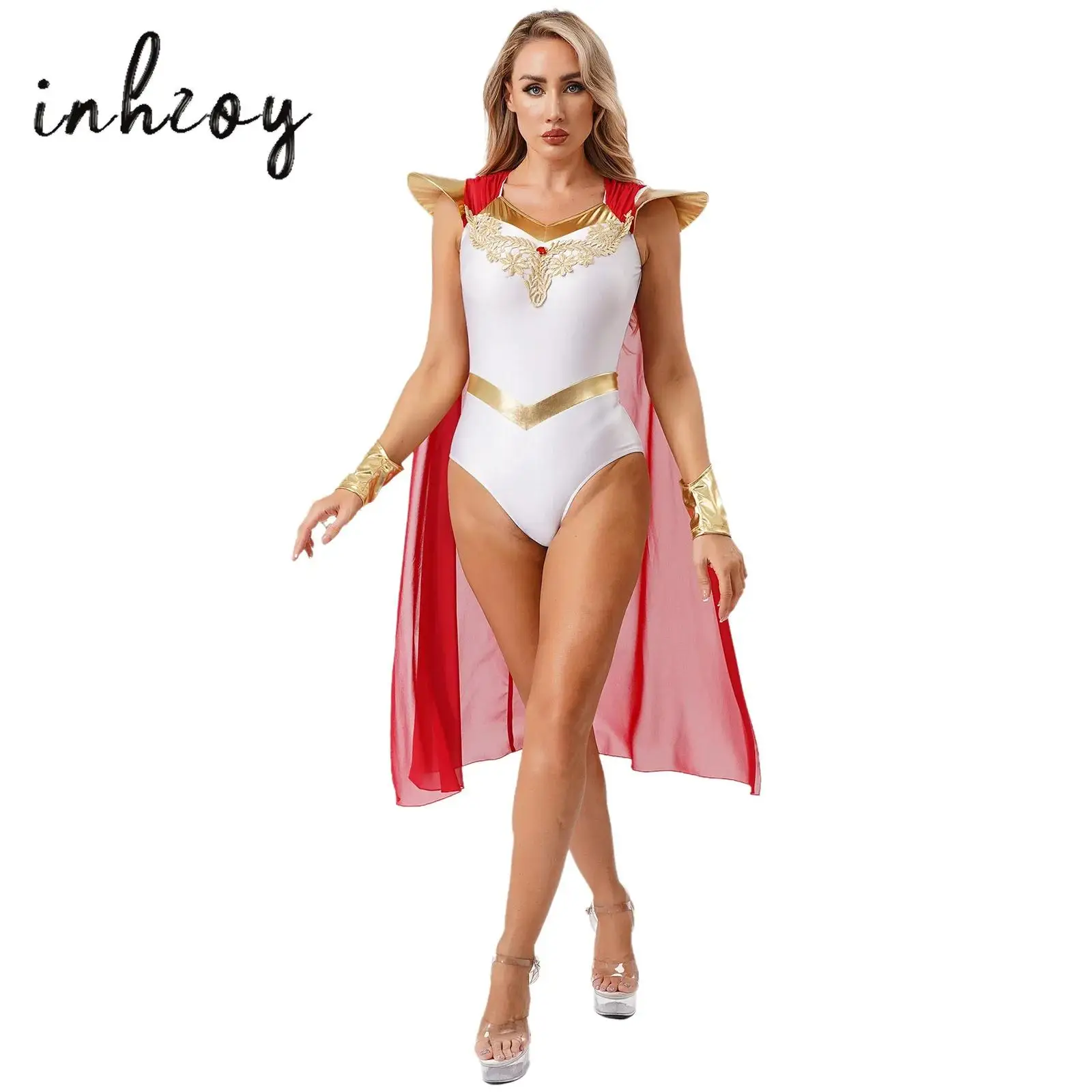 

Womens Halloween Greek Queen Jumpsuit Guipure Lace Fly Sleeve Long Cloak Bodysuit+Sleeves Gem Set for Masquerade Cosplay Party