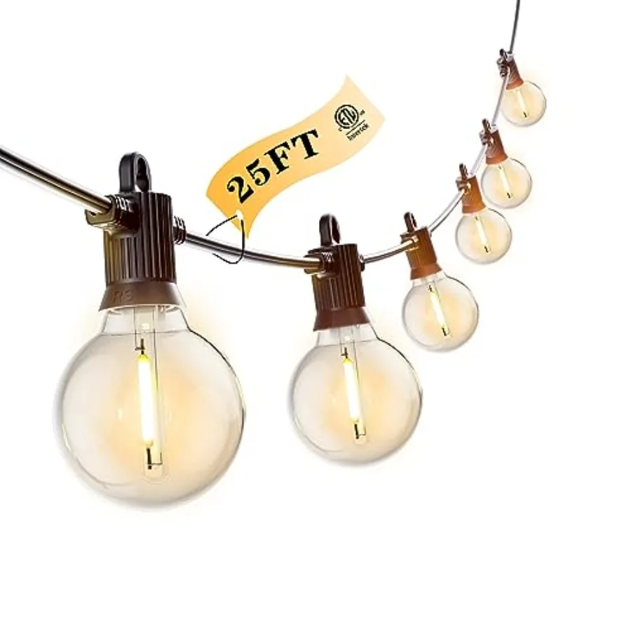 

Outdoor String Lights 25 Feet LED Patio Light with 12+1 Shatterproof Edison Globe Bulbs - IP65 Waterproof Dimmable Hanging Ligh