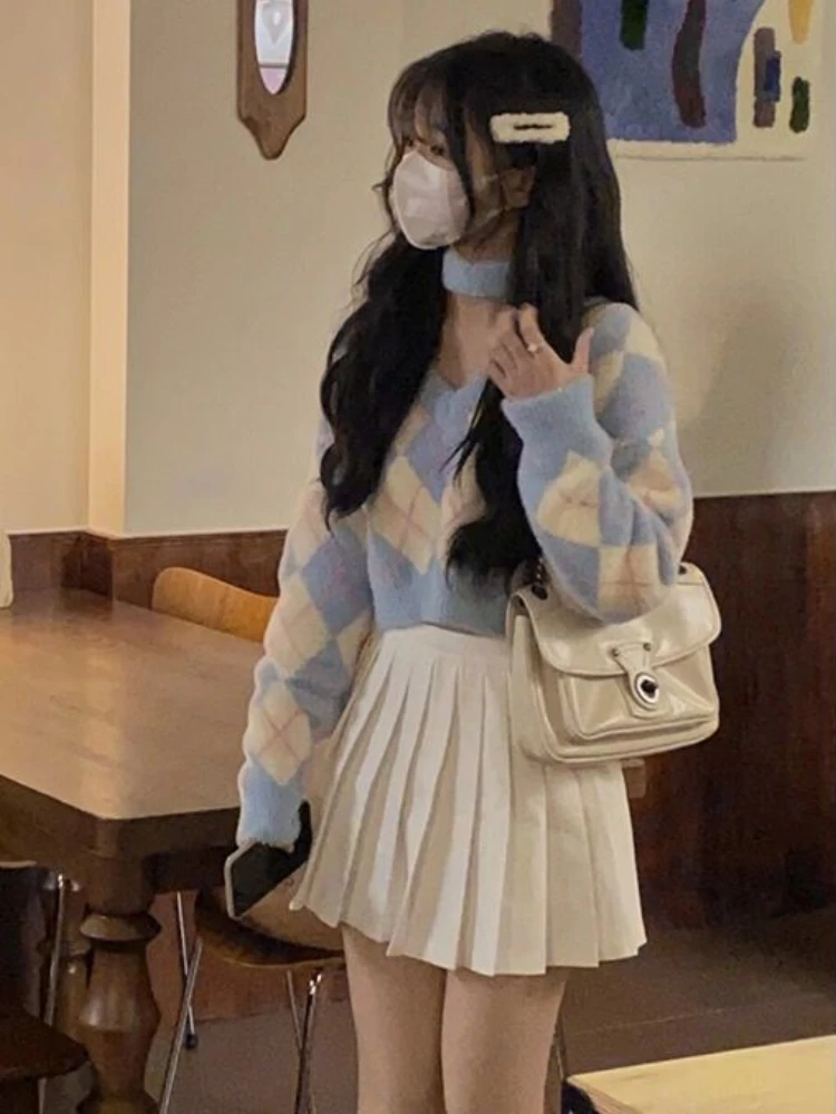Cropped Pullovers Women Argyle Sweater Tender Design Sweet Retro Fresh Loose Kawaii Ulzzang Female College Cozy Young BF